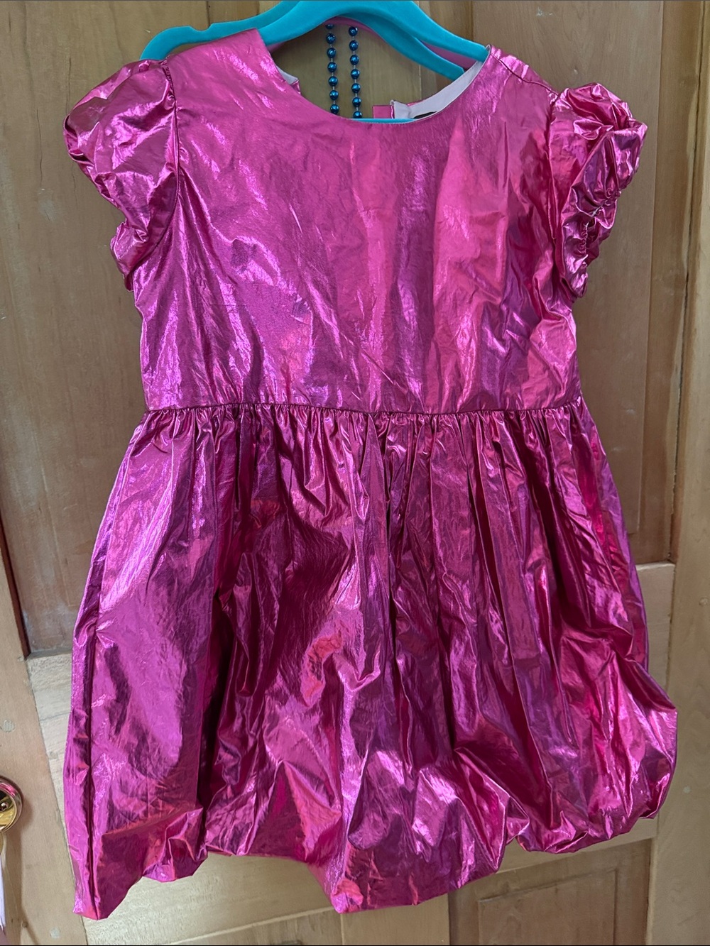 Tea Collection Metallic Hot Pink Puff-Sleeve Party Dress